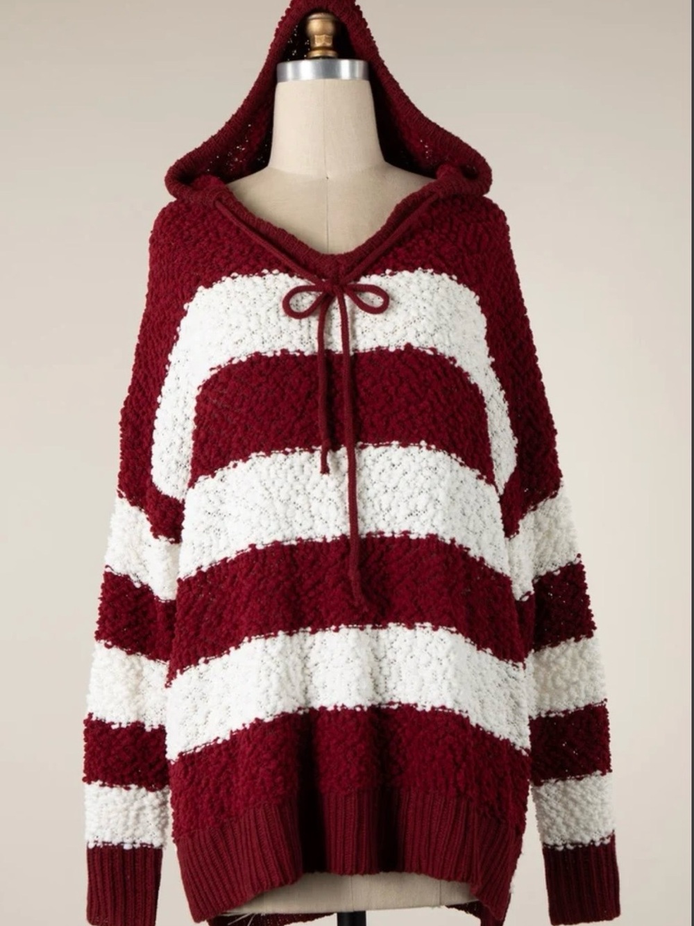 Miracle Hooded Cowl Sweater in Burgundy and White Stripes